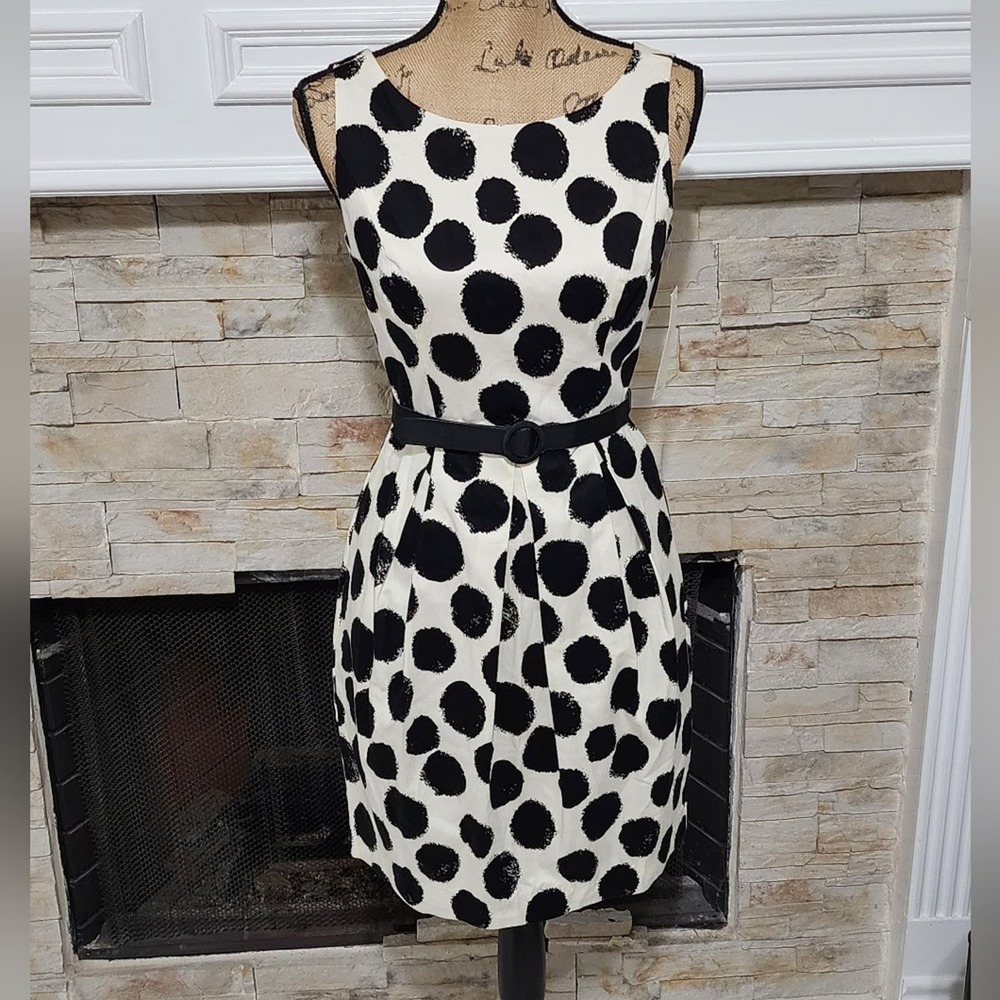 Eliza J. Black and white polka dot pleated Academia 50s 60s vibes sheath dress 2
